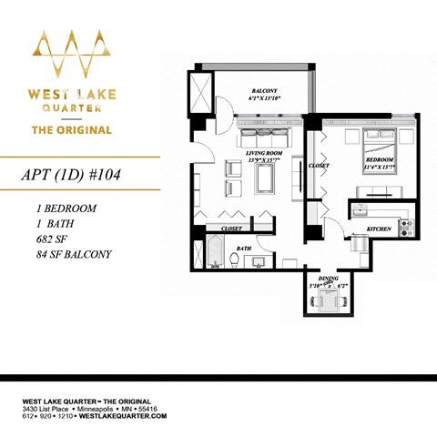 Floor plan for 1 bed, 1 bath, 718 sqft